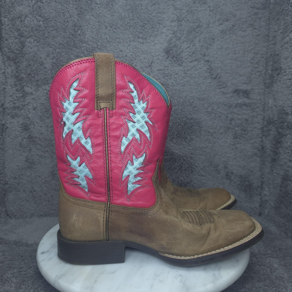 Ariat Boots Girls Size 3 Brown Pink Cowboy Western Leather Square Toe 10031489